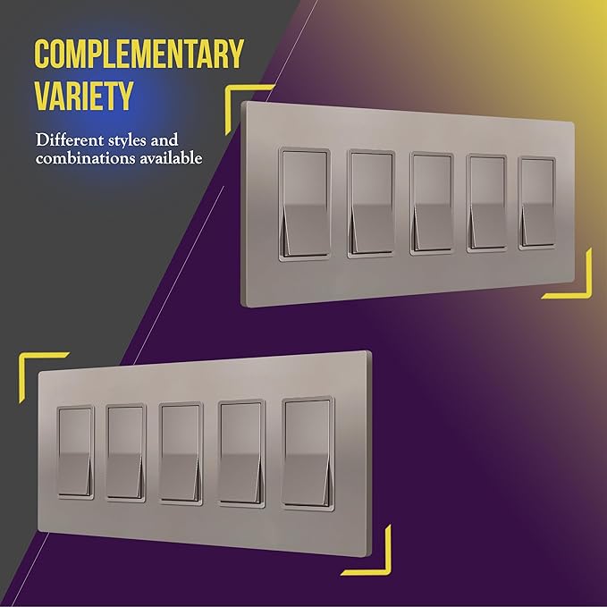 ENERLITES Elite Series Screwless Decorator Wall Plate Child Safe Outlet Cover, Gloss Finish, Size 5-Gang 4.68" H x 10.14" L, Unbreakable Polycarbonate Thermoplastic, SI8835-NK, Nickel