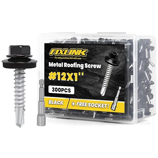 Metal Roofing Screws #12 × 1", 300 PCS, FIXLINK Baking Paint Hex Head Rubber Washer Sheet Metal Roof Screws Self Drilling Metal to Wood Siding Screws, Hex Socket Included, Black