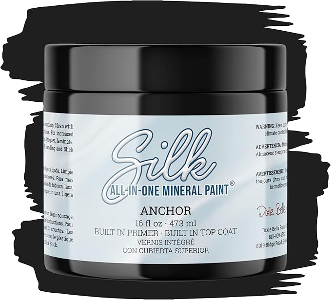 Dixie Belle Silk All-in-One Mineral Paint - Anchor (16 Fl Oz) - Black Water Based Built-In Primer + Topcoat for Wood + Metal - Durable Furniture Paint - Low Reflective Finish