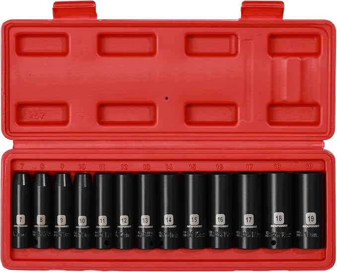MIXPOWER 13 Pieces 3/8-Inch Drive Deep Impact Socket Set, 7mm to 19mm, CR-V, Metric, 6 Point, Deep, 13 Pieces 3/8" Dr. Socket