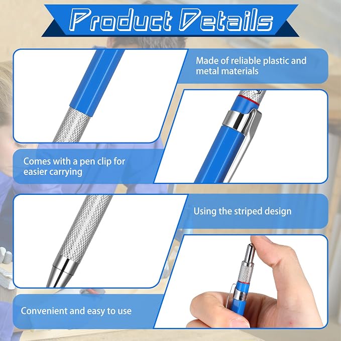Nezyo 4 Pieces Welder Pencil with 60 Pieces Round Refills Mechanical Pencil Metal Marker Pen for Construction Workers, Metal Work, Welders, Plumbers, Framers (Black, Red, Yellow, Silver)