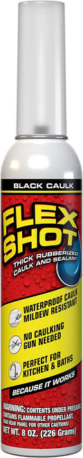 Flex Shot, Flexible Rubber Silicone Sealant, Waterproof Caulk, UV Resistant, No Caulk Gun Needed, Perfect for Kitchen, Bath, Showers, Sinks, Baseboards, Black, 8oz, 1-Pack