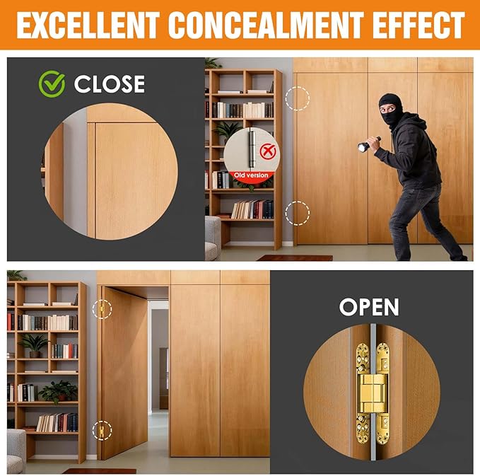 6" Hidden Door Hinge/Concealed Hinges,Invisible Hinges,Invisible Door Silent 180 Degree Swing Hinge 3-Way Adjustable Butt 6 x 2.5 x 1inch (Golden, 6 inches)