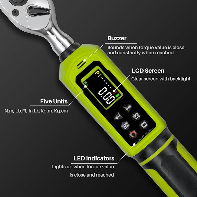 3/8" Digital Torque Wrench-0.66-44.2Ft.Lb for Bike Motocycle Repair | Electronic Torque Wrench 3/8 Drive(0.9-60 N.m), Vibration Buzzer LED Indicator,±2% Acc. Five Units for Precision Parts Engine