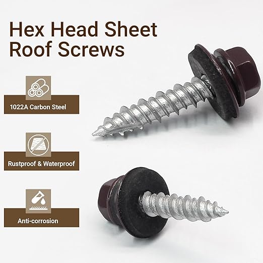 Biaungdo 30 Pack Metal Roofing Screws #10 × 1 Inch, Hex Head Sheet Roof Screws with EPDM Washers with 8mm Hex Socket, Self Starting Metal to Wood Siding Screws, Brown