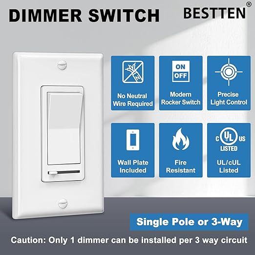 BESTTEN 20 Pack Dimmer Light Switch, Compatible with LED Dimmable Lamp, CFL, Incandescent, Halogen Bulb, Single Pole or 3 Way LED Slide Dimmer Switch, Decorator Wall Plate Included, UL Listed, White