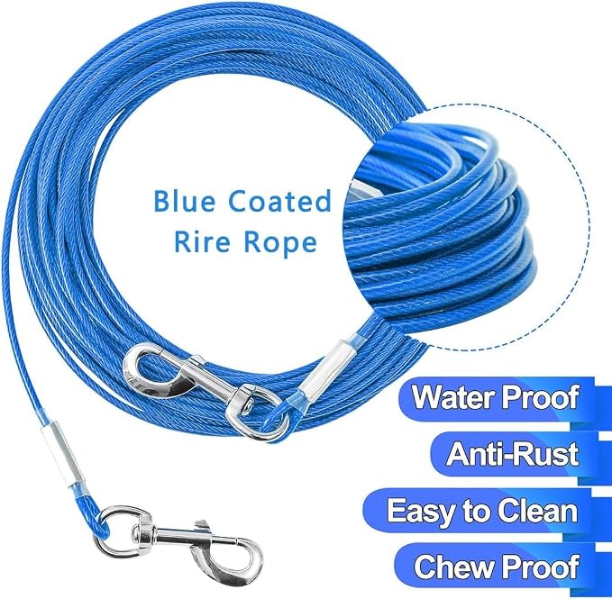 Tie Out Cable for Dogs,10/20/30/50/100FT Dog Leads for Yard Chew Proof,Heavy Duty Tie Out Cable for Large Dogs Up to 125lbs,Dog Runner Tether (Blue, 125Ibs 150ft)