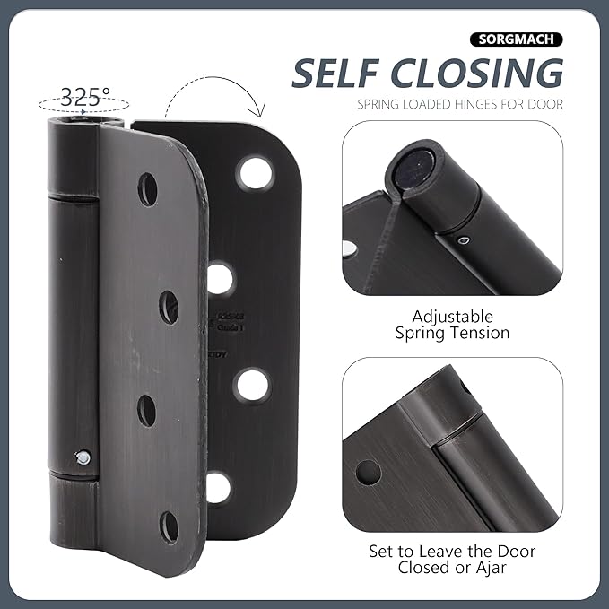 Self Closing Hinges 4 inch Oil Rubbed Bronze Auto Close Hinge 4 x 4 Inch Spring5/8 Radius Corner Commercial Adjustable Door Closer Hinge UL Listed, 6 Pieces