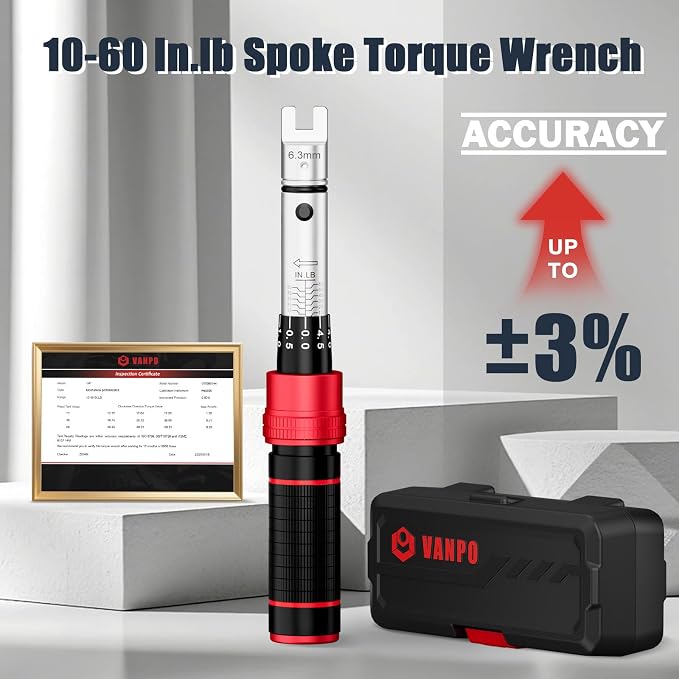 VANPO Spoke Torque Wrench, 10–60 in-lb, for Motorcycle Wheel Maintenance | 1/4" Drive Small Torque Wrench Kit with 9 Spoke Wrench Heads (5.1-6.9mm) & Spline, Spoke Wrench for Mountain, Road Bike