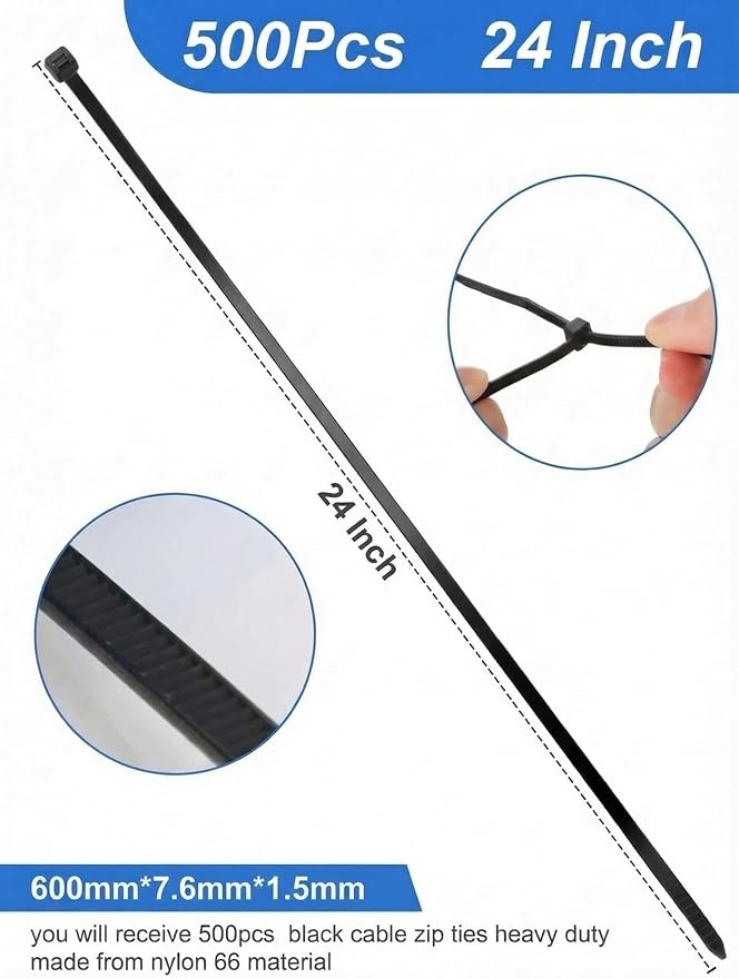 Shappy 500 Pack Long Zip Ties Heavy Duty, Ultra Exclusive Strong Cable Ties Large Industrial Electrical for Indoor Outdoor Plastic Wraps (Black,24 Inch)