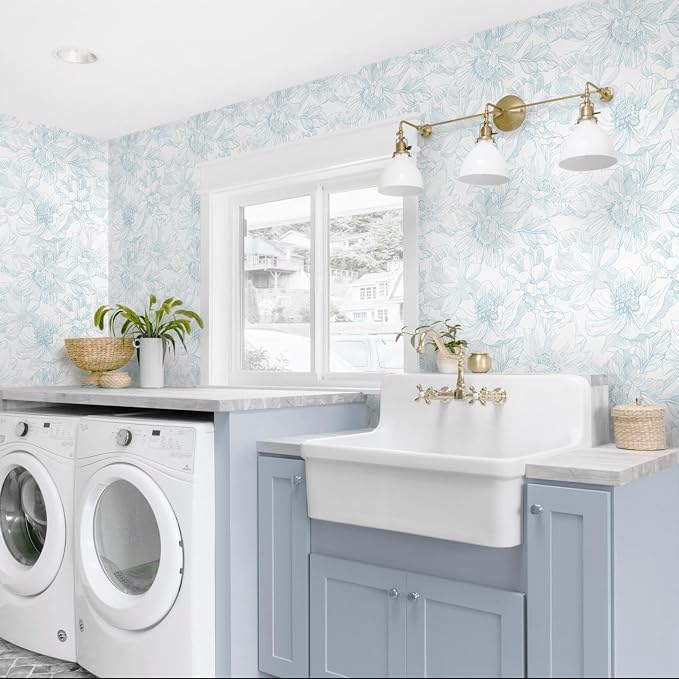 78.7"x17.3" Peel and Stick Wallpaper Blue Floral Contact Paper Boho White Modern Wallpaper Removable Self Adhesive Wall Paper for Bedroom Bathroom Cabinets Drawers Thicken Vinyl Roll