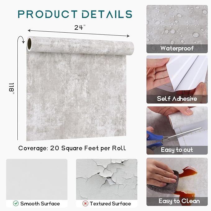 VEELIKE Distressed Concrete Wallpaper Peel and Stick Light Grey Limewash Wallpaper for Bedroom Living Room Accent Wall 24''x354'' Self Adhesive Removable Concrete Look Wall Paper for Bathroom Renters