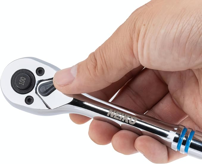 NEIKO 3/8 Inch Ratchet Wrench, 100-Tooth Reversible, 3.6 Degree Swing, Quick Release, 8" Long Handle, Silver Chrome Vanadium Steel