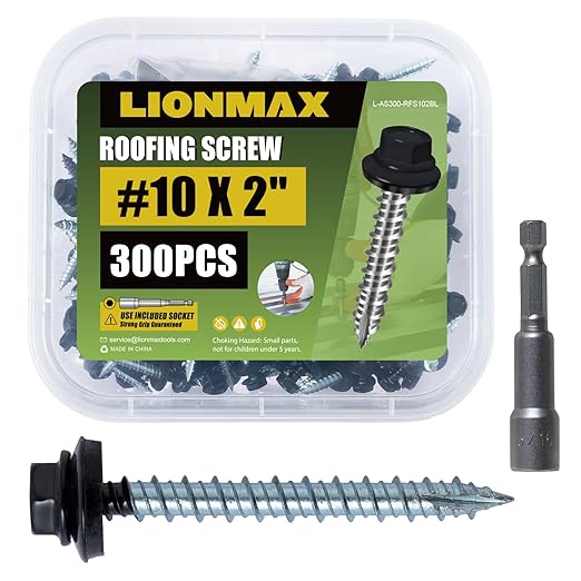 LIONMAX Metal Roofing Screws #10 × 2 Inch, 300-PCS, Black Painted Hex Head Sheet Metal Roof Screws, Rubber Washer, Sharp Point, Metal to Wood Siding Screws, Hex Socket Included