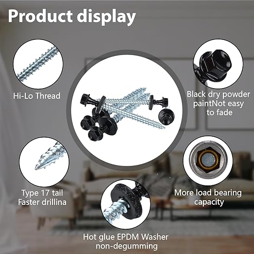 Metal Roofing Screws 10 x 3 inch, Black Hex Head Sheet Metal Roof Screw with EPDM Washer for Corrugated Roofing (250Pcs)