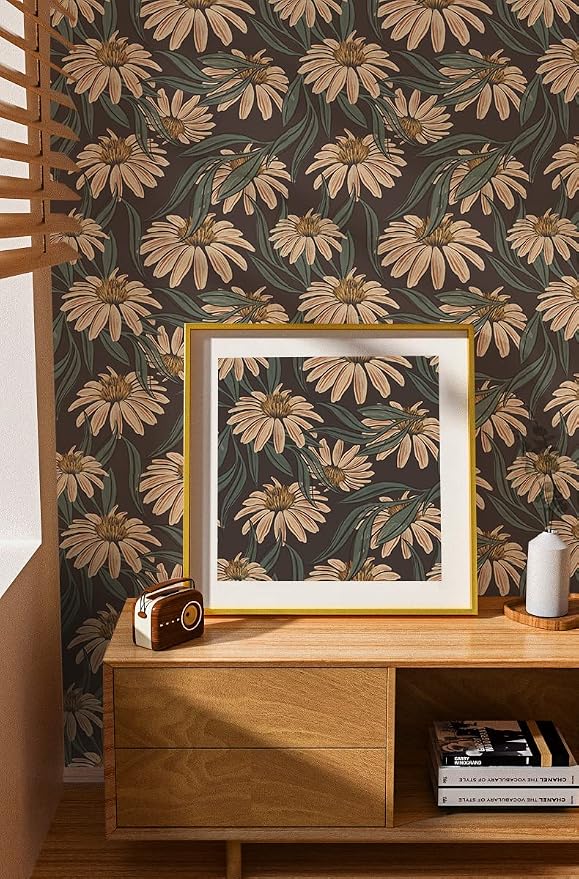 HAOKHOME Vintage Peel and Stick Wallpaper Floral Brown/PeachPuff/Green Daisy Wall Decor Home Bathroom Boho Decor 17.3in x 9.8ft