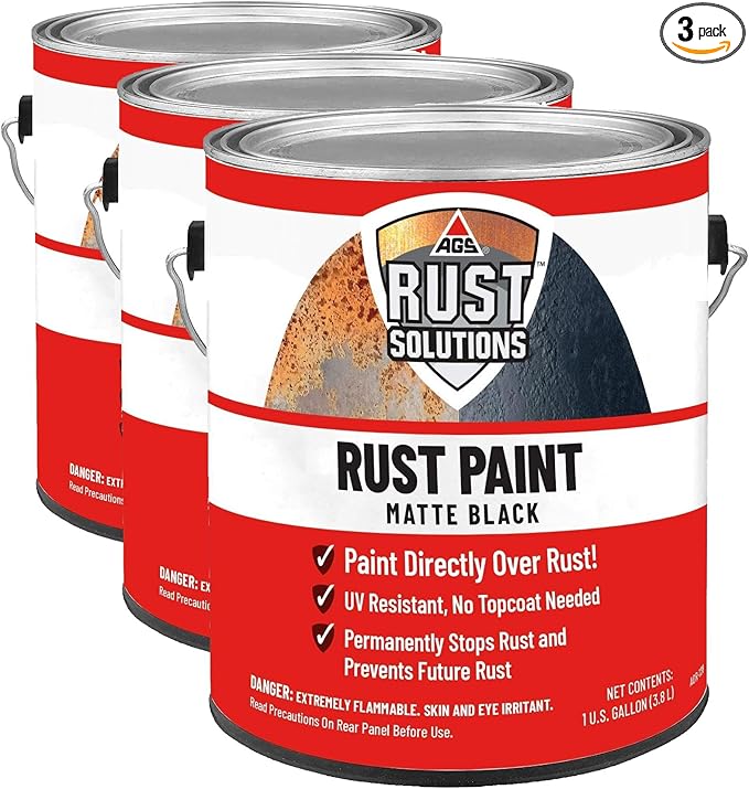 AGS RUST SOLUTIONS Apply Over Rust Paint, Matte Black Finish, 1 Gallon, Ideal for Paint Car Rust, Home, Shop and Farm, No Top Coat Necessary, UV Protection Paint (Pack of 3)