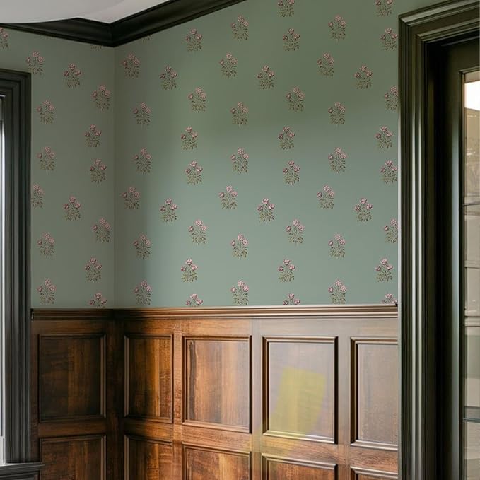 17.3"× 590.5" Vintage Floral Wallpaper Peel and Stick Boho Wallpaper Removable Waterproof Green Rose Pattern Contact Paper for Bedroom, Bathroom, Home Wall