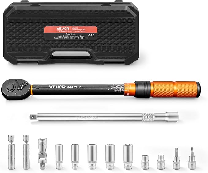 VEVOR Torque Wrench 3/8-inch Drive Click Torque Wrench Dual Scale Readings, 5-45 lbf-ft / 6.8-61.2 N.m, ±3% High Precision, with Spark Plug Sockets, Bits, Universal Joint, Extension Bar, Storage Case