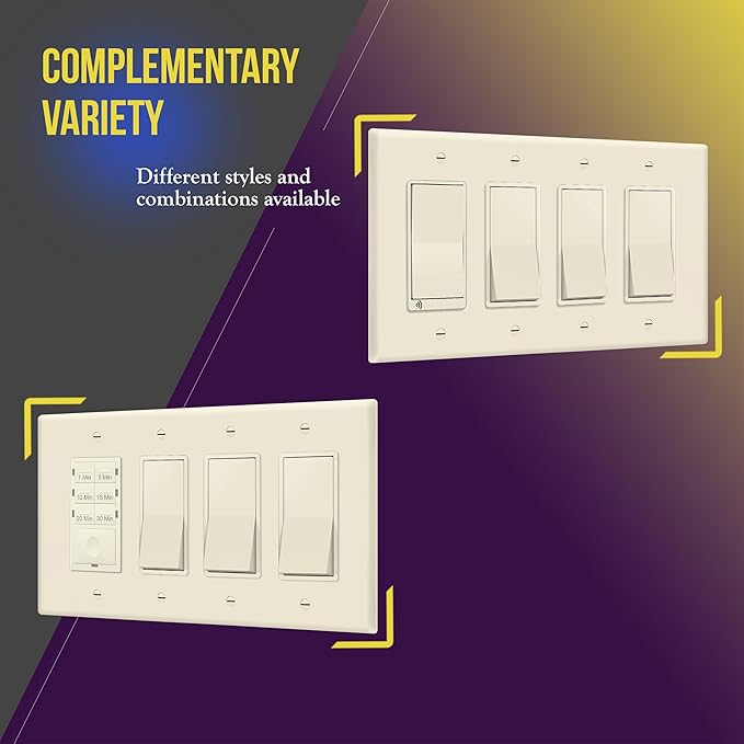 ENERLITES Quadruple Decorator Switch Cover, Four Gang Outlet Wall Plate, Gloss Finish, Mid-Size 4-Gang 4.88" x 8.58", Unbreakable Polycarbonate Thermoplastic, UL Listed, 8834M-LA, Light Almond