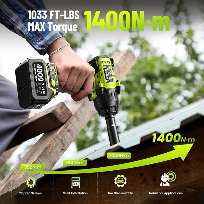 1032 ft-lbs(1400N.m) 1/2 Inch Cordless Brushless Impact Wrench | Includes 2x4.0Ah batteries and fast charger with 11pc tire repair kit, 3-speed, auto-stop, LED light, for car truck RV mower