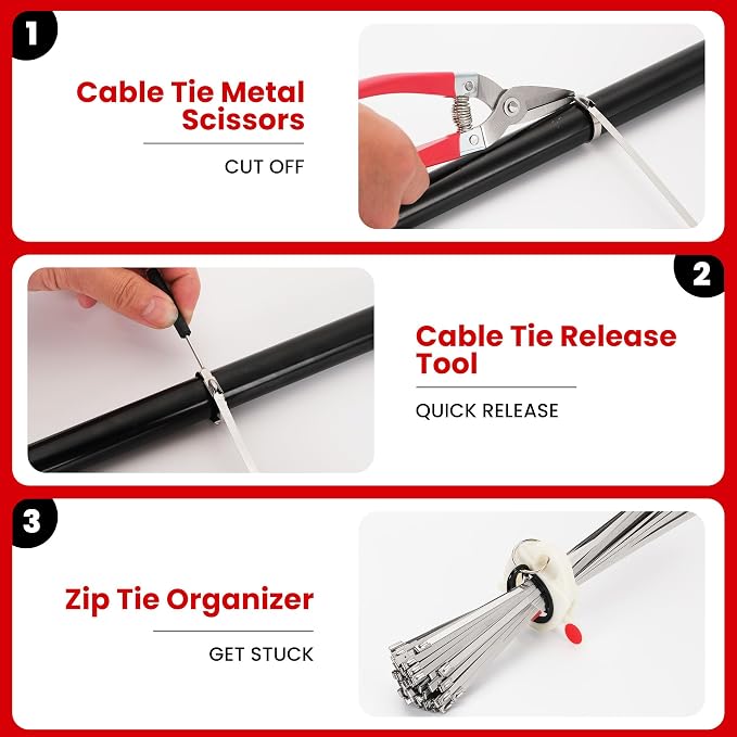Stainless Steel Cable Tie Gun Set – Heavy Duty Metal Zip Tie Tool Kit with 150PCS Self-Locking Ties, Adjustable Fastening & Cutting Tool for Outdoor Fencing, Exhaust Pipes(Red)