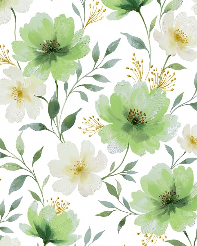 ILHIIOR White Floral Peel and Stick Wallpaper Boho Leaf Contact Paper Green Flower Removable Self Adhesive Waterproof Wall Paper for Cabinet Drawers Wall Decor Renter Friendly 17.5''x118''