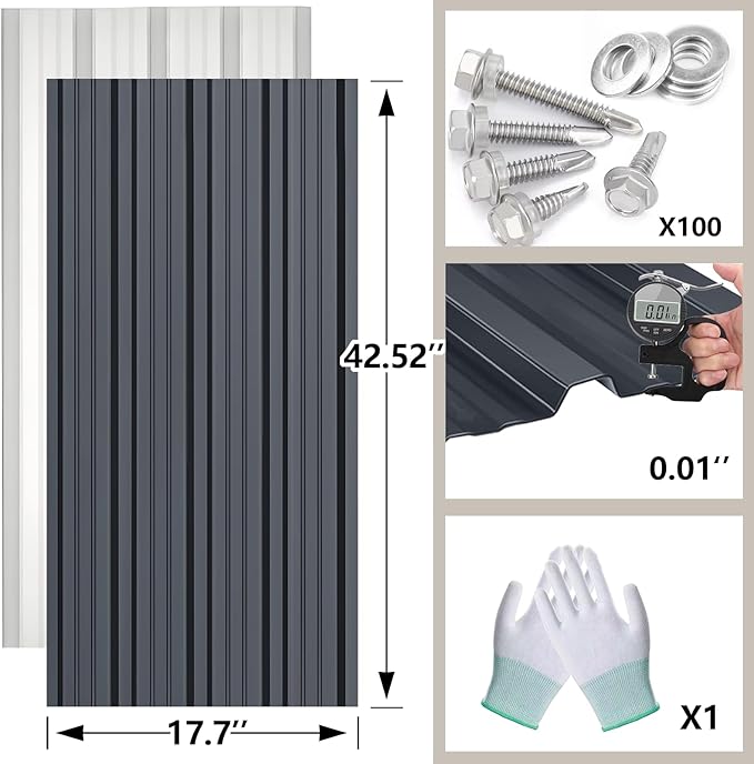 Metal Roofing Panels - 10 Pcs Waterproof Heavy Duty Metal Roof Panels Corrugated Metal Siding for Roofs Carports Tool Sheds Patio Porch Pergola, Easy to Install Grey, 42.52x17.7in