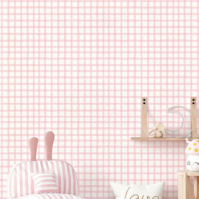 Plaid Wallpaper Peel and Stick, 17.7"x393" | Hand-Painted Pink, Self Adhesive, Vinyl, Removable, Boho Checkered Contact Paper for Bedroom, Living Room, Bathroom