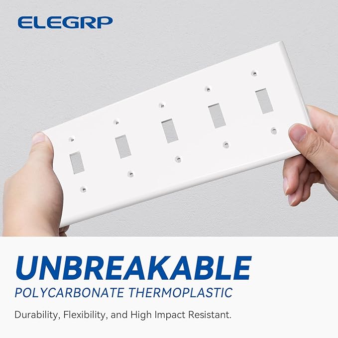 ELEGRP 5-Gang Toggle Switch Wall Plates, Standard Size 4.52" H x 10.03" L Unbreakable Thermoplastic Faceplate Cover for Toggle Dimmer Light Switches, UL Listed (1 Pack, Glossy White)