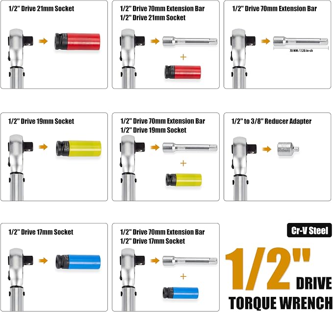 Auto Torque Lug Wrench Set, 1/2-Inch Drive, 10-170 ft-lb | Portable Tire Change Kit with Wheel Sockets, 6-Piece