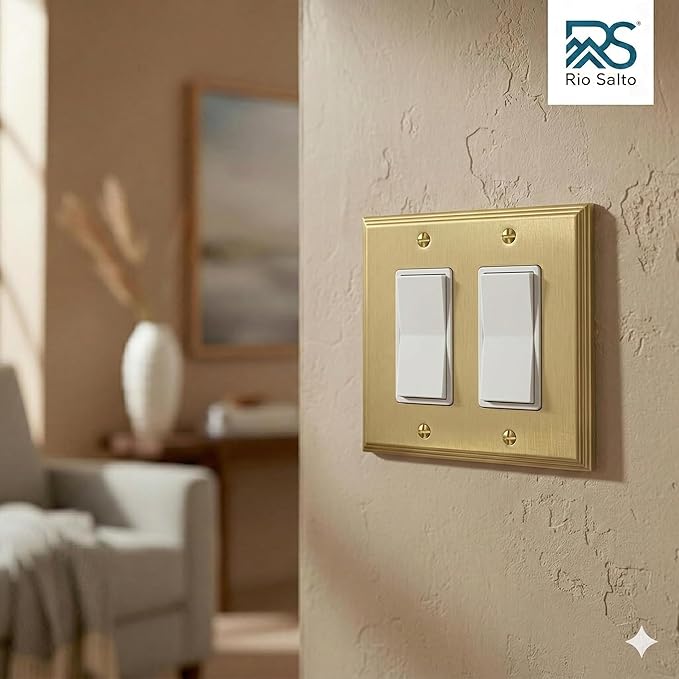 Rio Salto BRASS Rocker Light Switch Cover Plate Double Rocker Switch Plate 2 Gang Decorator Paddle GFCI Brushed Gold Metal Outlet Covers Decorative Wall Plates — Deco Collection, Standard, 4.50"x4.56"