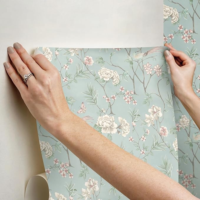 NuWallpaper Chinoiserie Garden Robins Egg Peel and Stick Wallpaper, Removable Wallpaper, 20.5 in x 18 ft