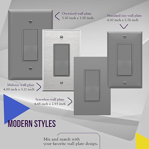 ENERLITES Decorator Paddle Switch with Wall Plates, Single Pole, Copper Wire Only, Grounding Screw, Residential Grade, 15A 120-277V, UL-Listed, 91150-GYWP-10PCS, Gray 10 Pack