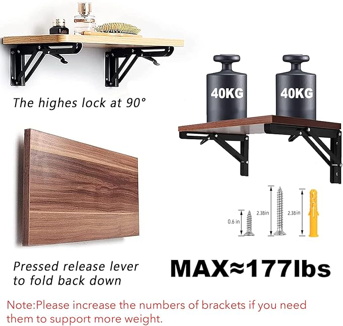 Folding Shelf Brackets - 16 Inch 4 Pcs Heavy Duty Metal Collapsible Shelf Bracket, DIY Wall Mounted Shelf Bracket Space Saving for Table Work Bench (with Screws)