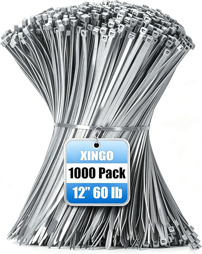 XINGO 1000 PCS Silver Zip Ties 12 Inch, 60 LBS Tensile Strength, Self-Locking Nylon Plastic Nylon PA66 Wire Ties for Indoor and Outdoor Use