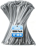 XINGO 1000 PCS Silver Zip Ties 12 Inch, 60 LBS Tensile Strength, Self-Locking Nylon Plastic Nylon PA66 Wire Ties for Indoor and Outdoor Use