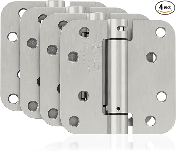 4 Pack Self Closing Door Hinges, 4 Inch Spring Loaded Door Hinges for Garage, Front, Back Door, Left/Right Hand, Adjustable Tension, 5/8'' Radius Corners, UL Listed, Brushed Nickel