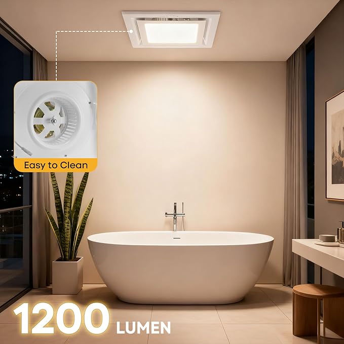Bathroom Exhaust Fan with Light 12" Ultra Quiet 1.0 Sones,1200LM, 5CCT, Exhaust Fan Mounting Opening 10"x10" in 140CFM Bathroom Fan with Light Ceiling Mount for Home, Bath, Office