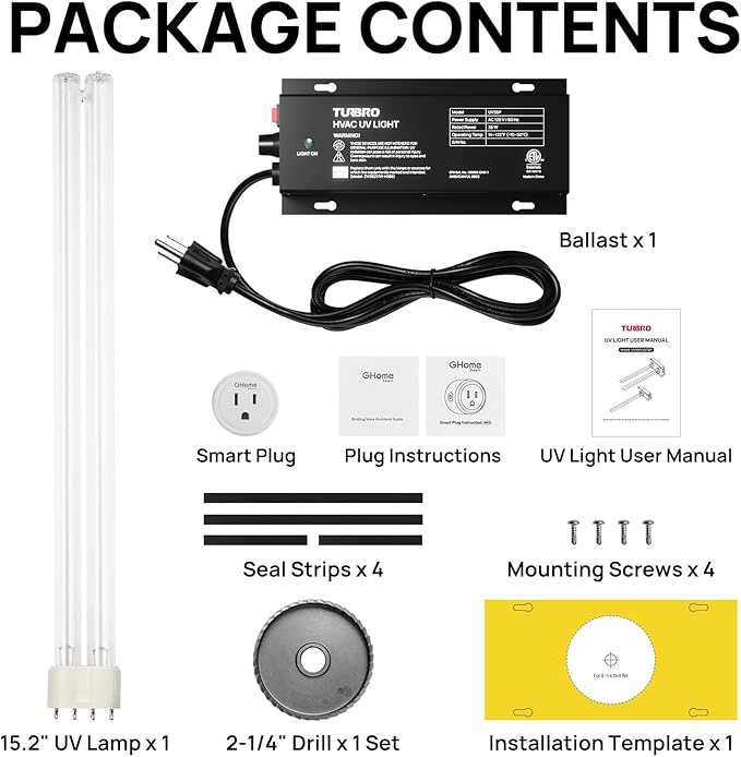TURBRO 36W UV Sanitizer Lamp with Smart Plug, ETL&CARB Listed, Ozone Free Ultraviolet Light with Timer Outlet, Air Purifier for HVAC Units and Ducted Systems, WiFi Control, Direct Plug-In 120V, UV36PW