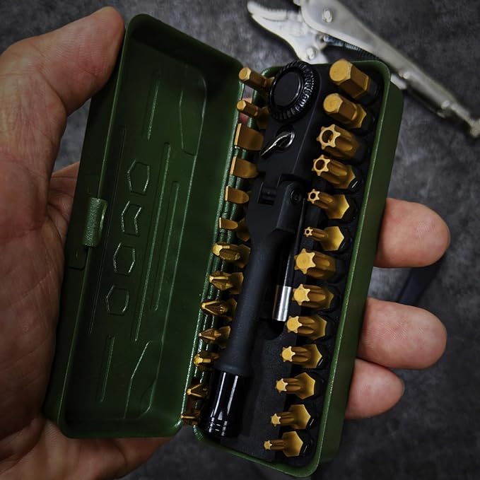 KESI Tool Torx Bit Set 29-Piece, 2 In-1 Bits Ratchet, Flex Locking Head Design with 26-piece 1/4" Patent Bits, Magnetic Bit Holder, Stubby Handle and Compact Paint Metal Case, Multi-function