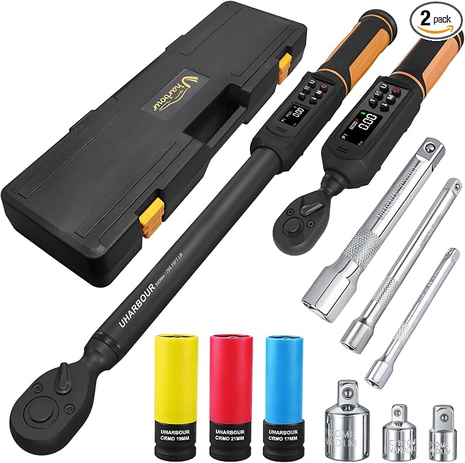Uharbour Digital Torque Wrench Set 1/2" & 3/8" Drive 2 Pcs | ±1% Accuracy Electric Wrench Set, 3.8-250.8 & 0.66-44.29 Ft.lb, LED Alert