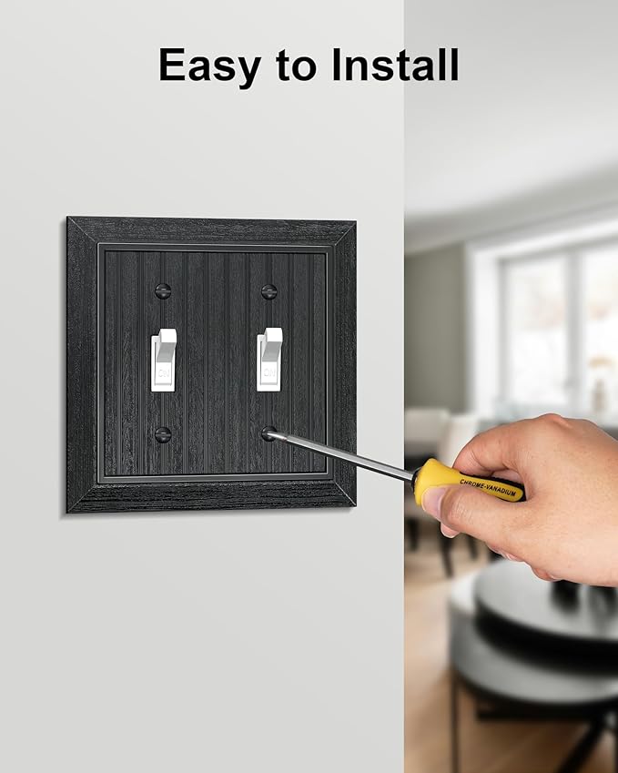 2-Pack Classic Beadboard Double Toggle Light Switch Cover Plate, Unbreakable Polycarbonate Decorative Switch Plate Covers, Matte Black 2 Gang Wall Plate
