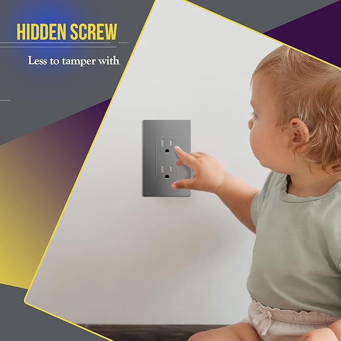 ENERLITES Screwless Decorator Wall Plate Child Safe Outlet Cover, Size 1-Gang 4.68" H x 2.93" L, Unbreakable Polycarbonate Thermoplastic, SI8831-GY-10PCS, Glossy, Gray (10 Pack)