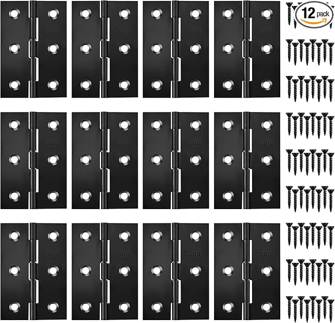 Black Butt Hinges 3 Inch for Furniture Door Window Case Lid and Wooden Box Chest, Pack of 12