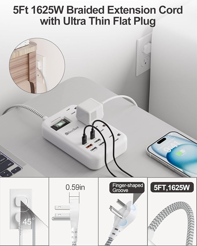 45W USB C Travel Power Strip- PD 45W Fast Charging Station with 6 USB(2 USB C) Ports and 4 Outlets,5Ft Flat Plug Braided Extension Cord Surge Protector for MacBook Laptops iPad Pro iPhone Samsung 13A