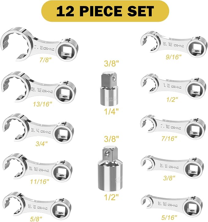 12 Pcs SAE Torque Adapter Set, Side-Open 5/16" to 7/8", 3/8" Drive | Cr-Mo Steel, 12-Point Torque Wrench Extension for HVAC, Automotive, Brake, Fuel Lines & Tight Spaces