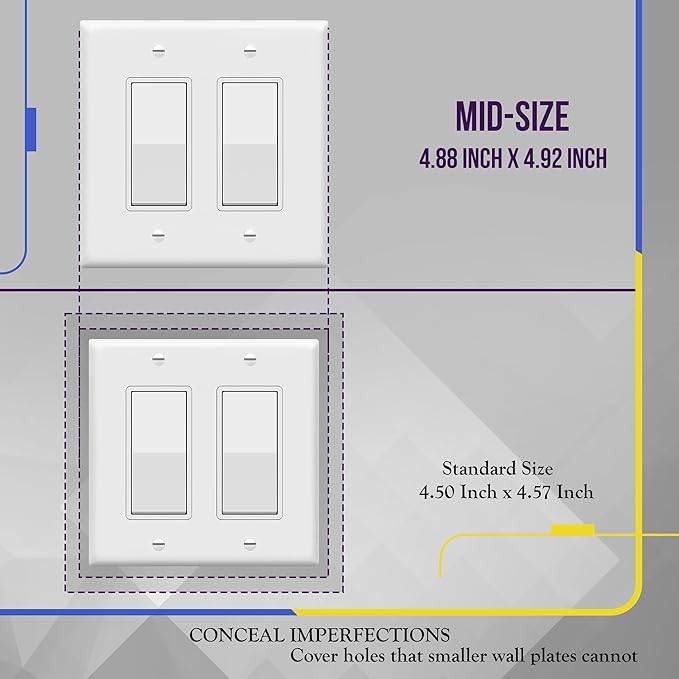 ENERLITES Decorator Light Switch or Receptacle Outlet Wall Plate, Mid-Size 2-Gang 4.88" x 4.92", Polycarbonate Thermoplastic, UL Listed, 8832M-W, White