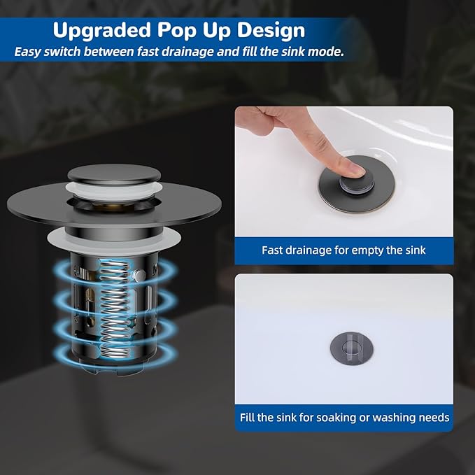 Hibbent 2 Pack 3 in 1 Bathroom Sink Drain Strainer, Universal Pop Up Stopper with Removable Stainless Steel Filter Basket Hair Catcher, Sink Plug for 1.1''~2.36'' Basin, Brass Bullet Core, Grey