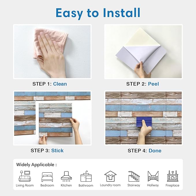 COMSTICKC Peel and Stick Faux Wood Wall Sticker Wall Panels, 10 Pcs of 12" x 12", Ultra-Light Thin PVC 3D Fake Wood Shiplap Self-Adhesive Wall Covering Wallpaper Interior Farmhouse Decor, Blue Brown